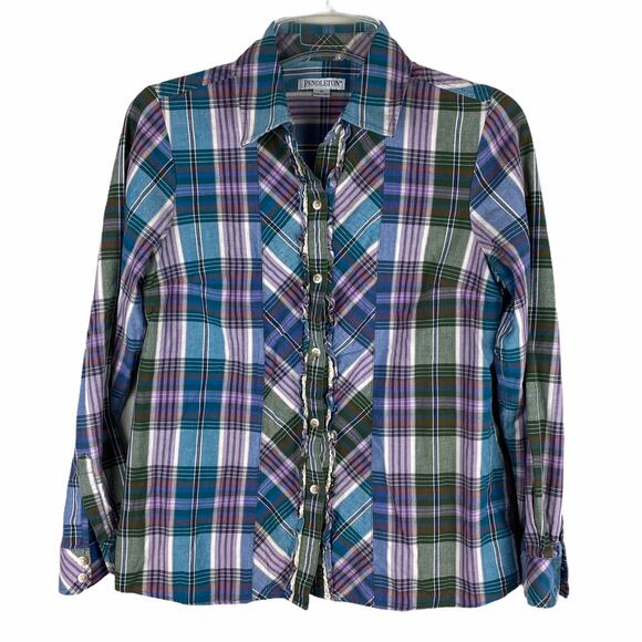 Pendleton Plaid 100% Cotton Button Front Long Sleeve Shirt Size M EUC Blue Green - Picture 1 of 7